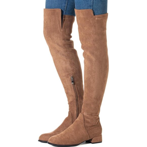 Women Brown/1 Inch Heel Faux Suede Over The Knee Thigh High Low Block Heel Boot - Picture 3 of 6